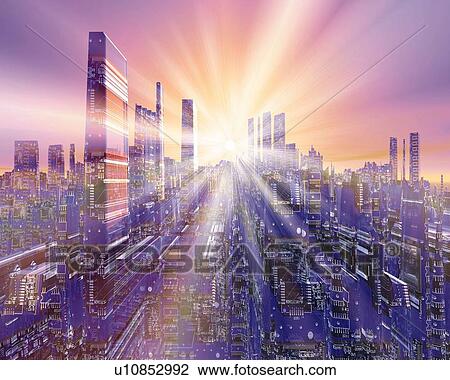 Future City, CG, 3D, Lens Flare View Large Illustration Drawing - Future City, CG, 3D, Lens Flare. Fotosearch