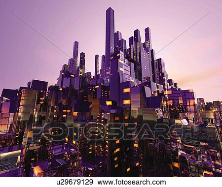 Stock Illustration - Future City, CG, 3D, Low Angle View. Fotosearch
