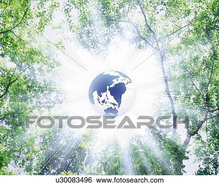 Stock Illustration - Globe and Forest, CG, 3D, Composite, Photography, Lens Flare, Low Angle View. Fotosearch