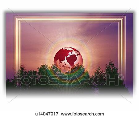 Globe and Trees, CG, 3D, Composite, Photography, Low Angle View, Lens Flare View Large Illustration Stock Illustration - Globe and Trees, CG, 3D, Composite, Photography, Low Angle View, Lens Flare. Fotosearch