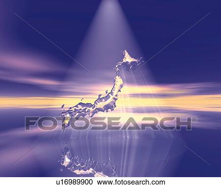 Japan floating in the air, CG, 3D, Lens Flare View Large Illustration Clipart - Japan floating in the air, CG, 3D, Lens Flare. Fotosearch