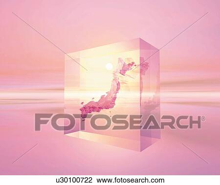 Japan map in the cube, CG, 3D, Lens Flare View Large Illustration Drawing - Japan map in the cube, CG, 3D, Lens Flare. Fotosearch