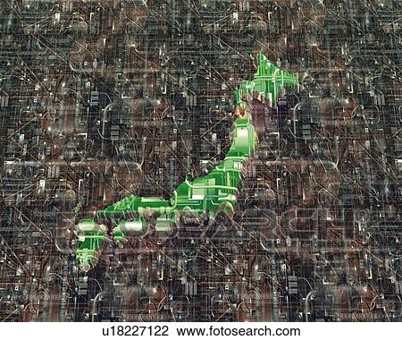 Japan Map made of Mechanical Parts, CG, 3D, Close Up View Large Illustration Drawing - Japan Map made of Mechanical Parts, CG, 3D, Close Up. Fotosearch