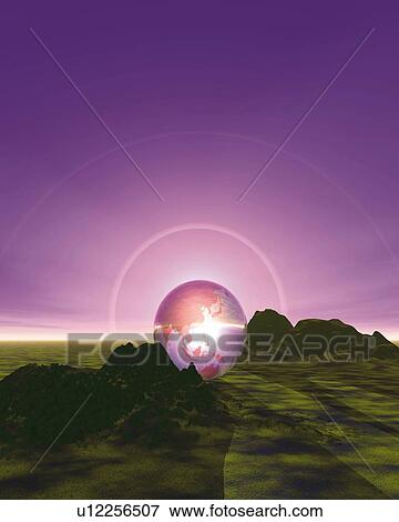 Shining globe and mountains, CG, 3D, Lens Flare View Large Illustration Stock Illustration - Shining globe and mountains, CG, 3D, Lens Flare. Fotosearch