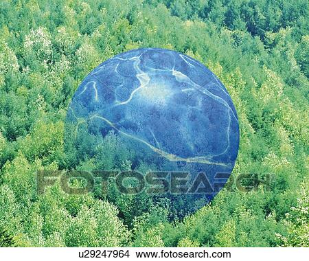 Stock Illustration - Sphere and Forest, CG, 3D, Composite, Photography, High Angle View. Fotosearch