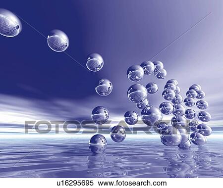Spheres floating on the water, CG, 3D, Low Angle View View Large Illustration Stock Illustration - Spheres floating on the water, CG, 3D, Low Angle View. Fotosearch