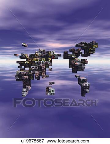 Stock Illustration - World Map formed by blocks, CG, 3D. Fotosearch