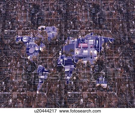 World Map made of Mechanical Parts, CG, 3D, Close Up View Large Illustration Stock Illustration - World Map made of Mechanical Parts, CG, 3D, Close Up. Fotosearch