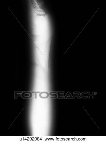 Picture - Portrait of a woman, black and white, front view, copy space. Fotosearch