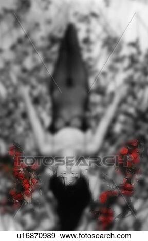 Stock Photo - Woman lying on mass of flower heads, high angle view, composition, differential focus. Fotosearch