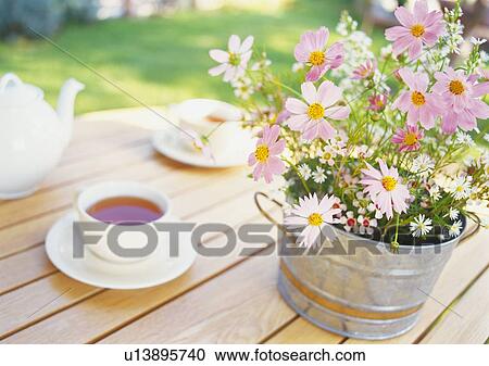 Flowers in Metal Basket and Tea Set, High Angle View, Close Up, Differential Focus, In Focus, Out Focus View Large Photo Image Stock Image - Flowers in Metal Basket and Tea Set, High Angle View, Close Up, Differential Focus, In Focus, Out Focus. Fotosearch