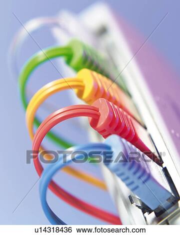 Stock Photograph - Colorful Cable Hooked in Hub, Close Up, Differential Focus, In Focus, Out Focus,. Fotosearch