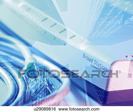 Stock Photograph - Composite Photograph of Cable, Hub and Building, Composition, Close Up, Toned Image. Fotosearch