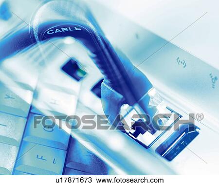 Stock Image - Composite Photograph of Keyboard and Cable, Composition, Close Up, Toned Image, Differential Focus, In Focus, Out Focus,. Fotosearch