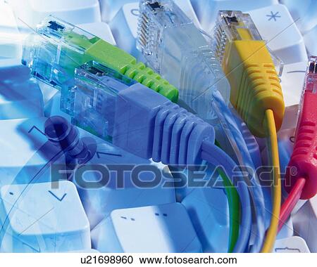 Stock Image - Composite Photograph of Keyboard and Cable, High Angle View, Composition,. Fotosearch