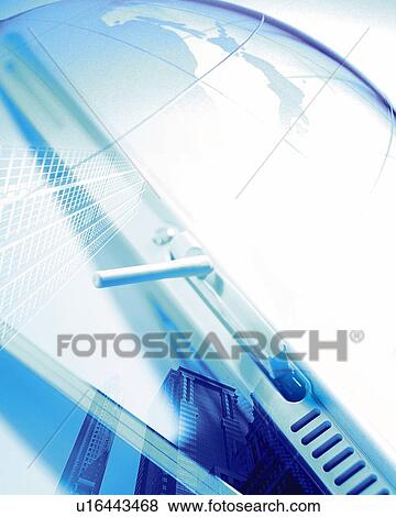Stock Photo - Composite Photograph of Mobile, Globe and Building, Low Angle View, Toned Image, Composition. Fotosearch