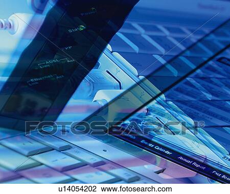 Stock Image - Composite Photograph of Modem, Keyboard and Cable, Close Up, Toned Image, Composition. Fotosearch