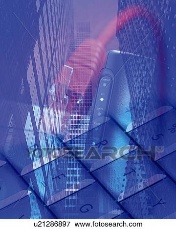 Stock Photo - Keyboard, Modem and Cable Over the City Image, Composition, Close Up, Toned Image, Differential Focus, In Focus, Out Focus,. Fotosearch