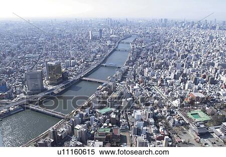 Stock Photography - Hanakawado to Ryogoku Area, Aerial View, Pan Focus. Fotosearch