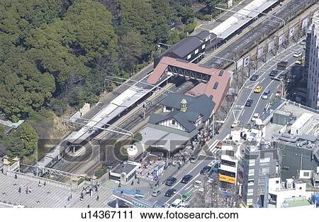 Stock Image - Harajuku Station Area, Aerial View, Pan Focus. Fotosearch