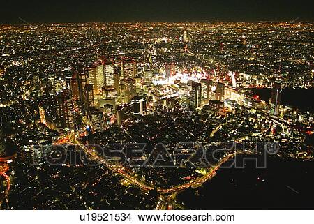 Picture - Night View of Nishishinjuku, Aerial View, Long Exposure. Fotosearch