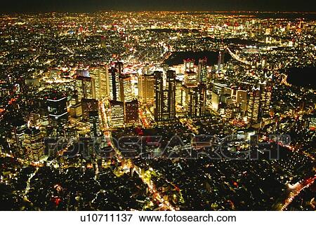 Stock Photo - Night View of Nishishinjuku, Aerial View, Long Exposure. Fotosearch
