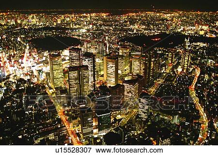 Stock Photo - Night View of Nishishinjuku, Aerial View, Long Exposure. Fotosearch