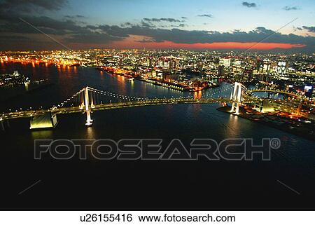 Night View of Rainbow Bridge, Aerial View, Long Exposure View Large Photo Image Stock Photograph - Night View of Rainbow Bridge, Aerial View, Long Exposure. Fotosearch