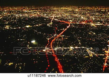Stock Photograph - Night View of Saitama City Area, Aerial View, Long Exposure. Fotosearch