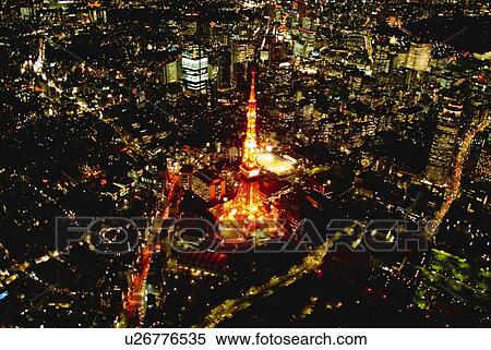 Stock Photography - Night View of Tokyo Tower Area, Aerial View, Long Exposure. Fotosearch