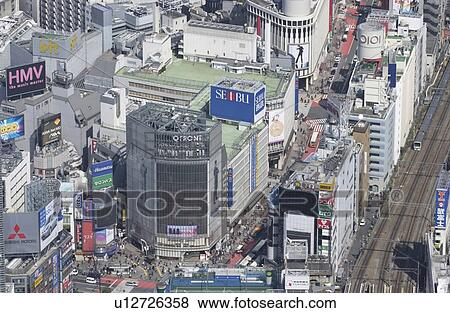 Stock Photo - Shibuya Station Area, Aerial View, Pan Focus. Fotosearch