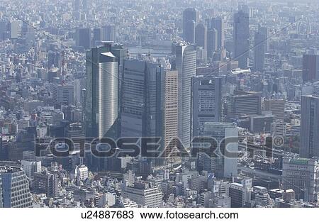 Stock Image - Shiodome City Area, Aerial View, Pan Focus. Fotosearch