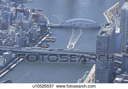 Stock Photo - Sumidagawa Bridge, Aerial View, Pan Focus. Fotosearch