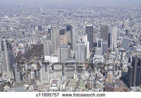 Stock Photo - The Skyscrapers of Nishishinjuku, Aerial View, Pan Focus. Fotosearch