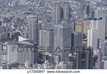 Stock Photo - The Skyscrapers of Shinjuku, Aerial View, Pan Focus. Fotosearch