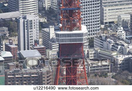 Stock Image - Tokyo Tower, Aerial View, Close Up, Pan Focus. Fotosearch