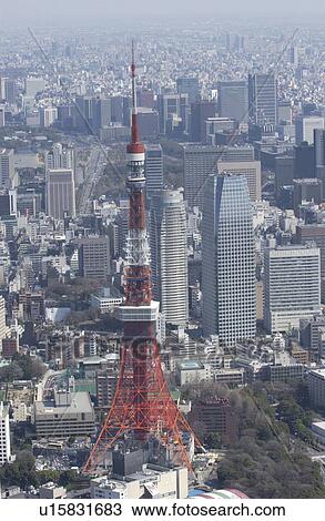 Stock Image - Tokyo Tower, Aerial View, Pan Focus . Fotosearch