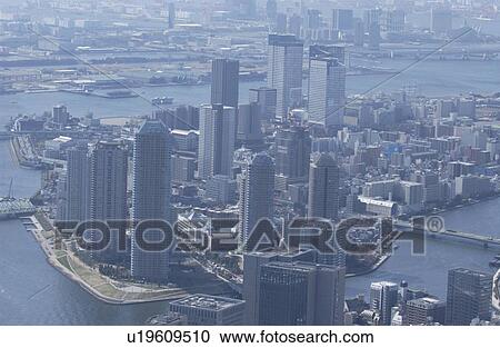 Stock Image - Tsukuda Area, Aerial View, Pan Focus. Fotosearch