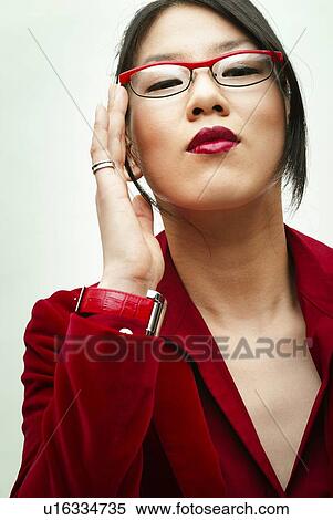 Young Woman in Red Wearing Glasses, Front View View Large Photo Image Stock Photography - Young Woman in Red Wearing Glasses, Front View. Fotosearch