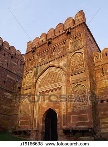 Stock Photo - Low angle view of the gate of fort, Agra Fort, Agra, Uttar Pradesh, India. Fotosearch