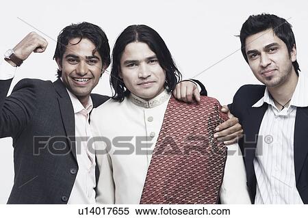 Stock Photography - Portrait of three young men smiling. Fotosearch
