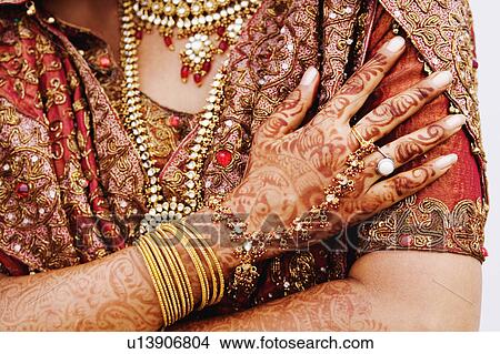 Picture - Mid section view of a bride in traditional wedding dress. Fotosearch