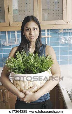 Portrait of a young woman holding a potted plant View Large Photo Image Stock Photo - Portrait of a young woman holding a potted plant. Fotosearch