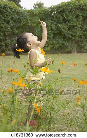 Stock Image - Side profile of a girl standing in a garden and holding a flower petal. Fotosearch