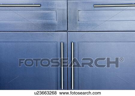 Contemporary Blue Kitchen Cabinets View Large Photo Image Stock Photo - Contemporary Blue Kitchen Cabinets. Fotosearch