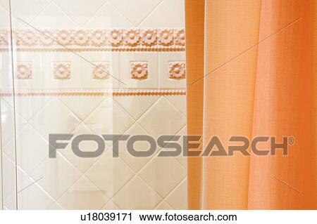 Orange Tile and Shower Curtain View Large Photo Image Stock Image - Orange Tile and Shower Curtain. Fotosearch