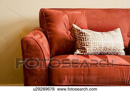 Bright red suede sofa and pillow View Large Photo Image Stock Photo - Bright red suede sofa and pillow. Fotosearch
