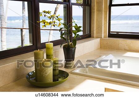 Green Candles Next to Jacuzzi Tub View Large Photo Image Picture - Green Candles Next to Jacuzzi Tub. Fotosearch