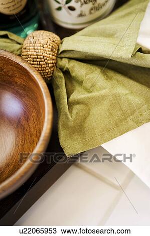 Stock Image - Wood Bowl and Napkin. Fotosearch