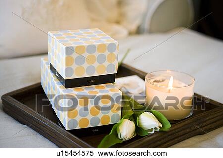 Stock Photography - Wood Tray with Giftboxes and White Rosebuds. Fotosearch
